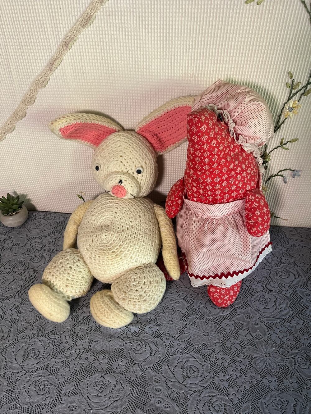 Handmade Plush Lot Crochet Cream Bunny + Country Calico Pig Bonnet Apron Folk